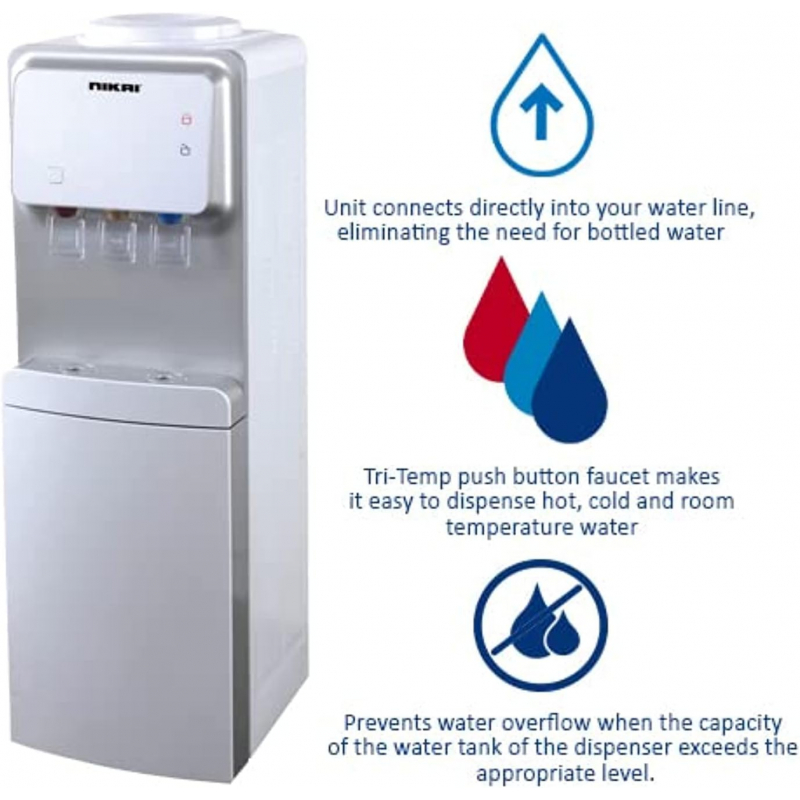 Nikai Water Dispenser 3 Taps with Storage Cabinet Anti-bacterial Child Lock CFC Free Triple Faucet Dispensing Removable Drip Tray Inner Stainless Steel Tank NWD1900C