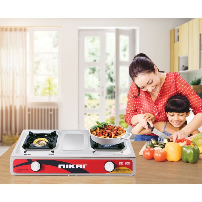 Nikai Gas Cooker 2 Burner Double Gas Burner with Auto Ignition System Blue Flame with High Efficiency Stainless Steel Body Full Safety Features NG842