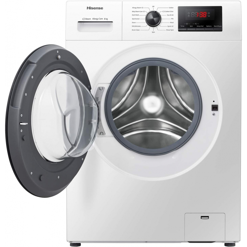 Hisense Washing Machine 8kg Front Load, Steam Care, Durable Inverter, Pure jet wash, Delay End, White WFQP8012VMS