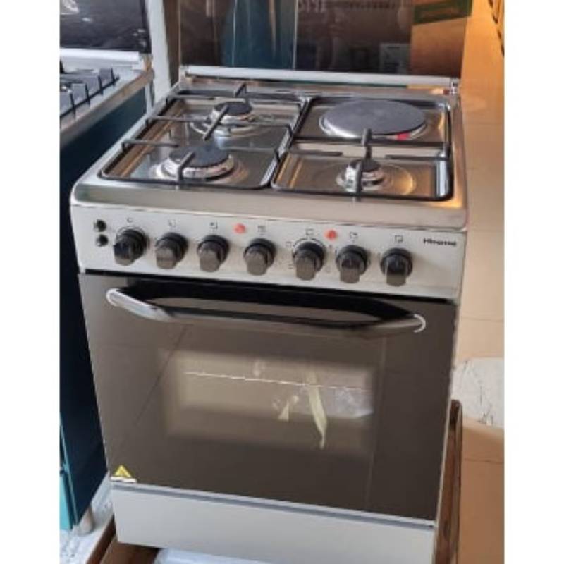Hisense Cooker Free Standing 60 x 60cm 3 Gas Burners, 1 Electric Burner, Electric Oven, Glass Lid, Silver HF631GEES