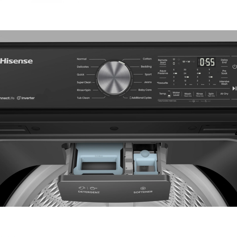 Hisense Washing Machine 18kg Top Loading, LED Display, Double Water Inlets, Smart Fuzzy Logic, Connect Life, Pre Soak Function, Self Programming Function Titanium Silver WT5T1825DT