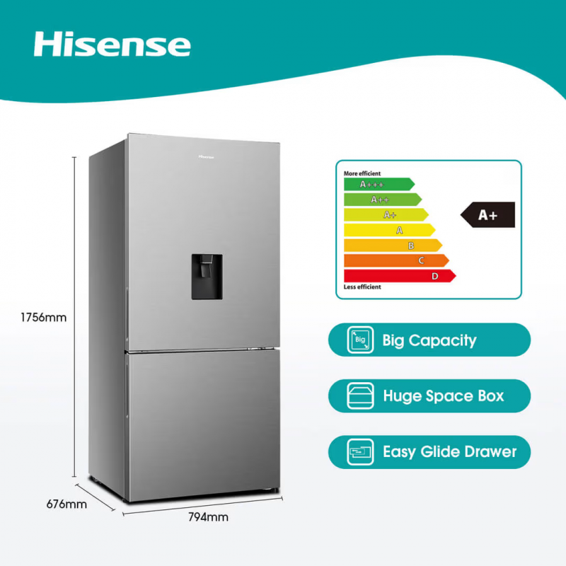 Hisense Refrigerator 463L, Double Door Bottom Freezer, with Water Dispenser, Precise Temperature Control, Multi-Airflow for Constant Temperature, A+ Energy Saving H610BS-WD