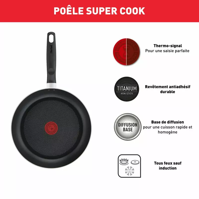 Tefal Super Cook Frypan 32cm Non Stick Thermo Signal 100% Safe Frying Pan Black Aluminium B4590884