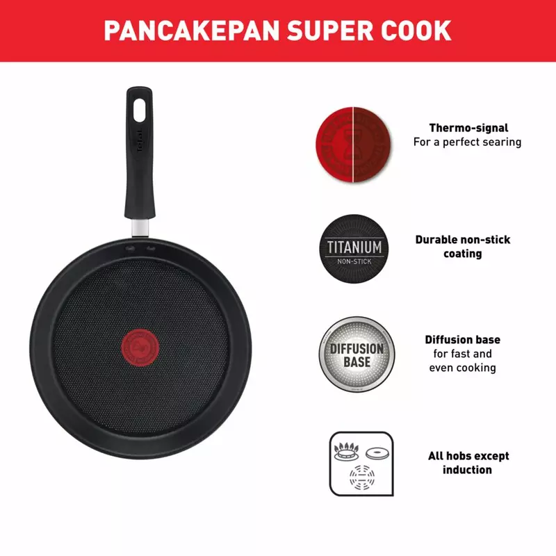 Tefal Super Cook Pancake Pan 25cm Non Stick Thermo Signal 100% Safe Frying Pan Black Aluminium B4593885