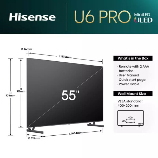 HISENSE Smart UHD 4K Mini-LED Quantum ULED TV, TV-55 Inch (139 cm) 55U6N-PRO