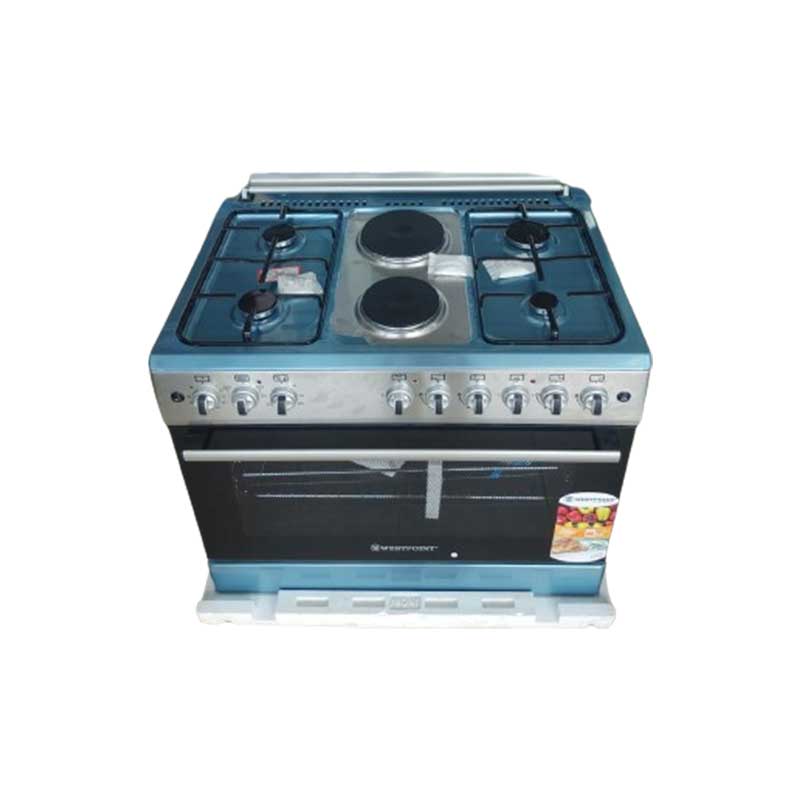 Westpoint Freestanding Cooker 4 Gas 2 Electric Plates Electric Oven with Grill Glass Lid. Auto Ignition Inox WCER9642E8X