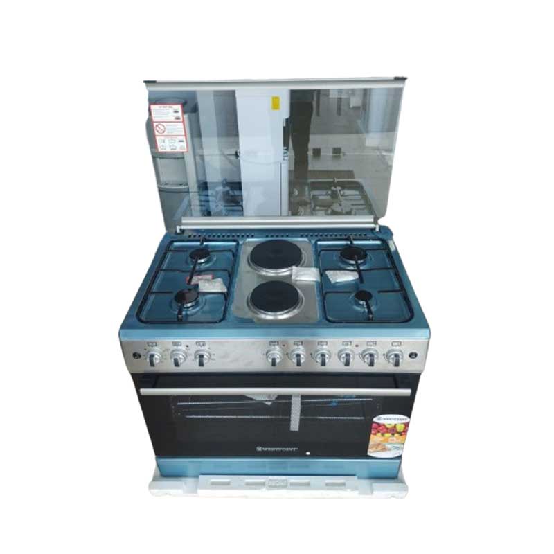 Westpoint Freestanding Cooker 4 Gas 2 Electric Plates Electric Oven with Grill Glass Lid. Auto Ignition Inox WCER9642E8X