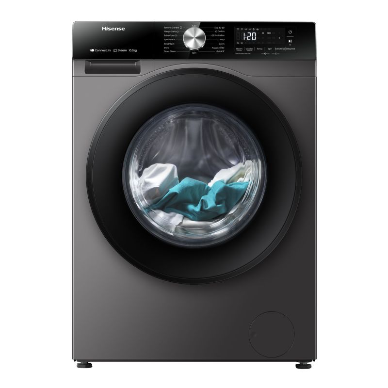 Hisense Washing Machine 10kg, Front Load A+++ Energy Efficiency Class, Jet Wash, Allergy Steam and Baby Steam Care, Intelligent LED Display, Durable Inverter Motor Titanium WF3S1043BT