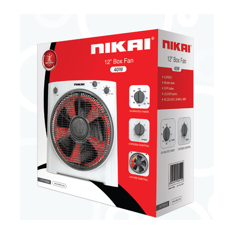 Nikai Box Fan 12" Rotating Grill  With High Performance Copper Motor 5 PP Blade NF755N2