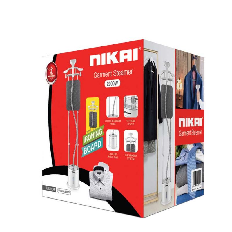 Nikai Garment Steamer 2000W 10 Steam Levels 55 Min Continues Steam 2L Tank 2-in-1 Double Aluminium Extendable Poles & Ironing Board NGS892AB