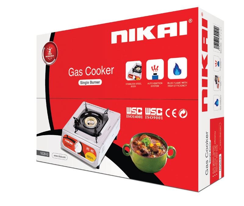 Nikai Gas Cooker 1 Burner Stainless Steel Blue Flame with High Efficiency Stainless Steel Body Full Safety Features  NG843