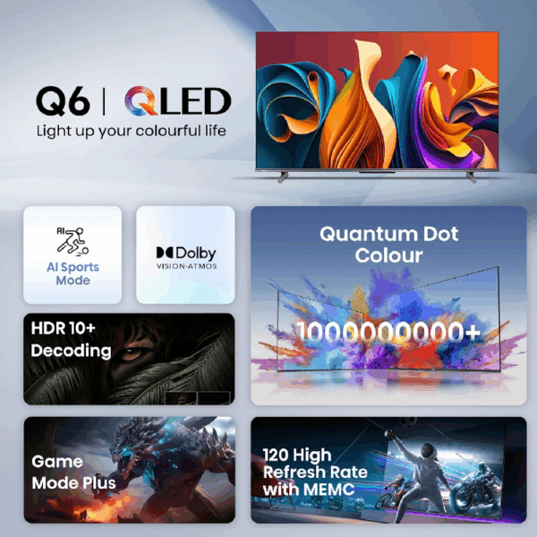 Hisense 50" QLED UHD 4K Smart TV with Dolby Vision & Atmos, 4K AI Upscaler, Quantum Dot Colour, Voice Control, VIDAA 50Q6N