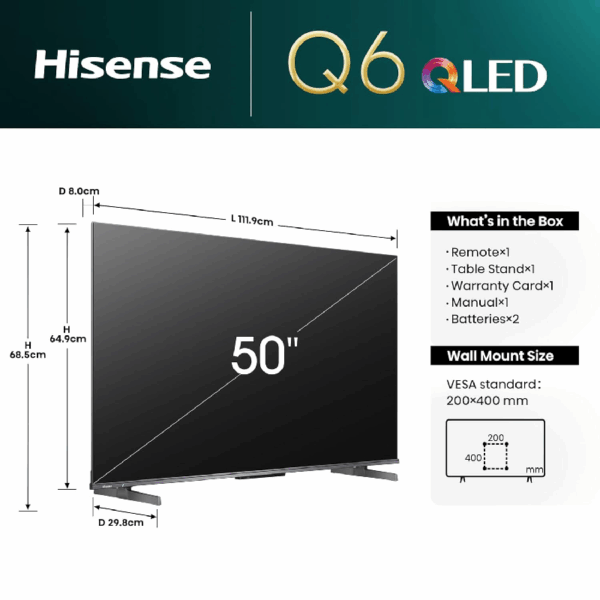 Hisense 50" QLED UHD 4K Smart TV with Dolby Vision & Atmos, 4K AI Upscaler, Quantum Dot Colour, Voice Control, VIDAA 50Q6N