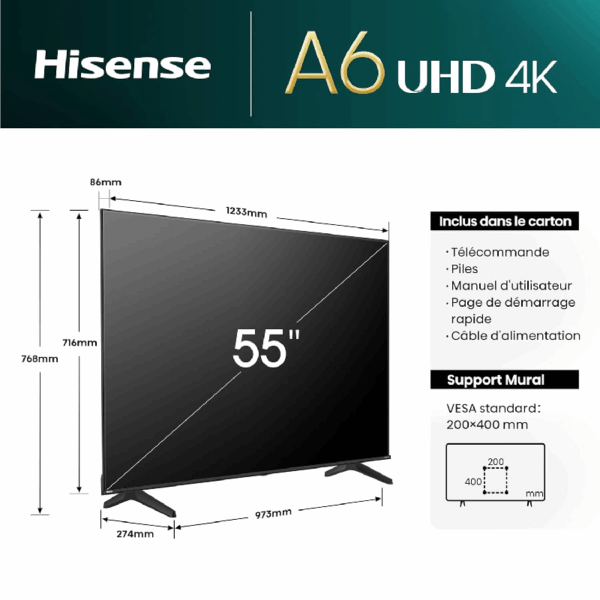 Hisense 55" LED UHD 4K Smart TV with Dolby Vision, HDR10, DTS Virtual:X, VIDAA 55A6N