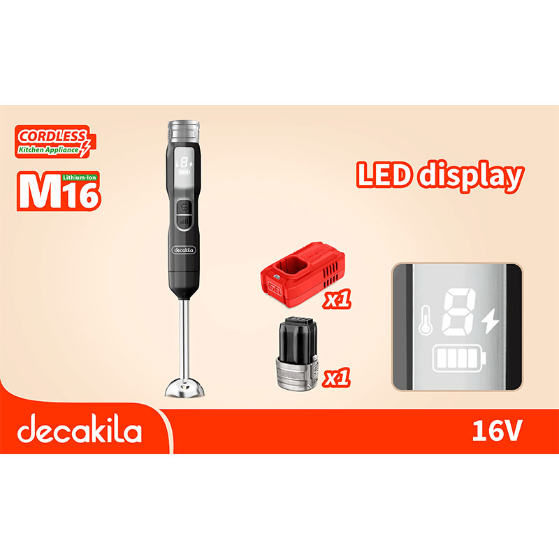 Decakila Hand Blender Cordless 100W LED Display 16V Battery Operated 2000mAh SUS Shaft Blend Rod 5-Speed Control KEJB048B