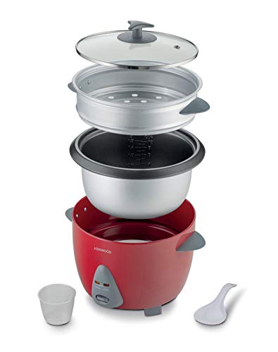 Kenwood 2-in-1 Rice Cooker 1.8L 10-Cups Rice with Food Steamer Basket Non-Stick Cooking Pot Temepered Glass Lid Warm/Cook Lights Spatula Holder Detachable Cord RCM44.000RD