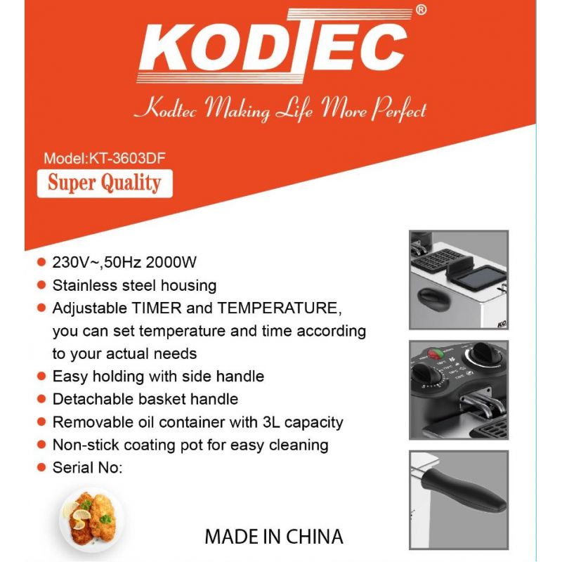 Kodtec Deep Fryer 1 Side Electric 3L 2000W KT-3603DF