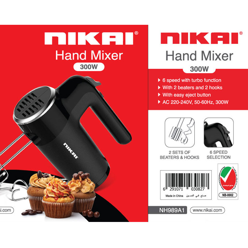 Nikai Hand Mixer 300W 6 Speeds + Turbo 2 Attachments With Power Cord Storage Beaters & Hooks 2PCS NH989A1