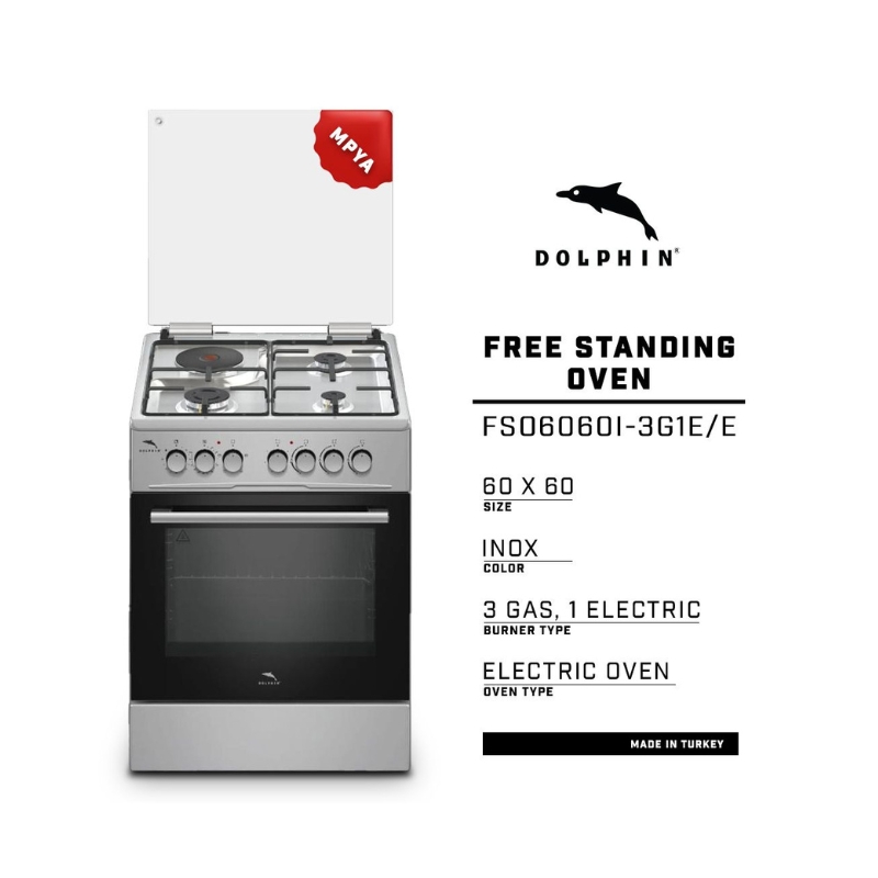 Dolphin Free Standing Cooking Range 60x60 3 Gas Burners 1 Electric Hot Plate & Electric Oven Inox FS06060I-3G1E/E
