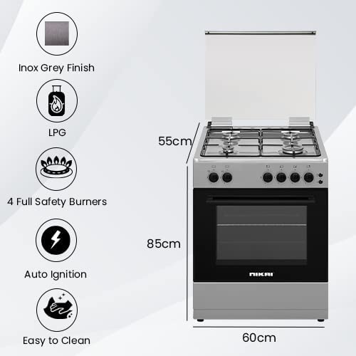 Nikai Cooker 60x55 Full Gas Oven Cooking Range 4 Gas Burner With SS Top Inox Grey Body Double Glass Door Glass Lid Button Ignition For Hob U6062FS