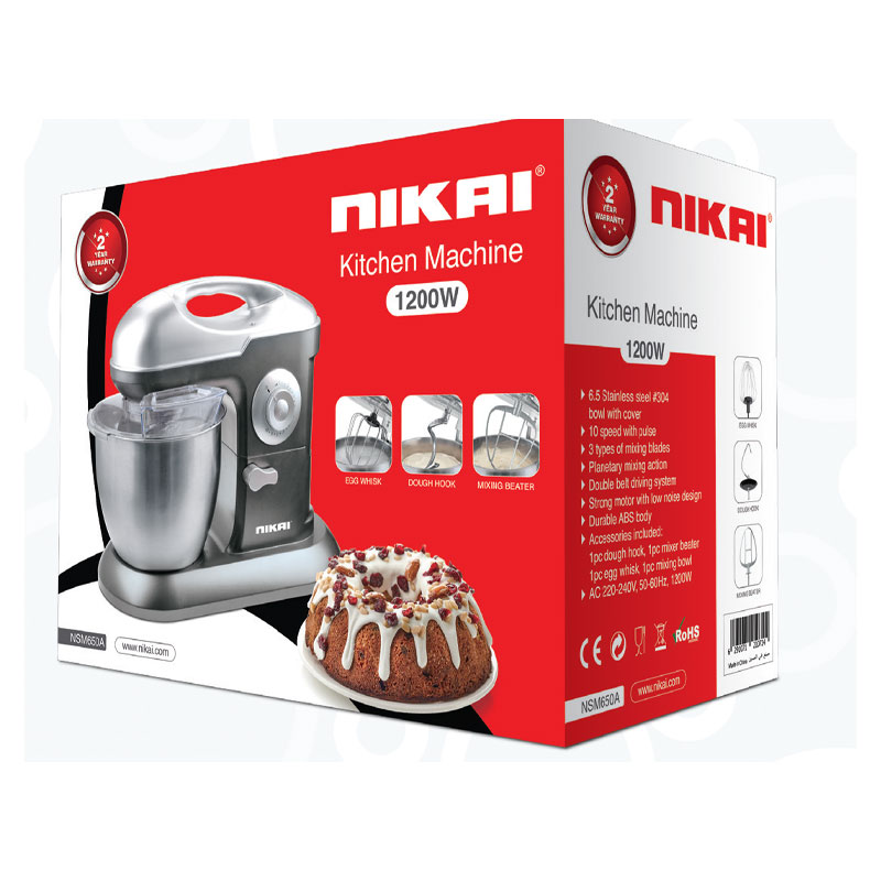 Nikai Kitchen Machine 1200W 6.5L 10 Speeds + Pulse 3 Attachments Dough Hook Beater Whisk Continuous Speeds Splash-Proof Lid Die Cast Aluminium Hooks and Stainless-Steel Whisk NSM650A
