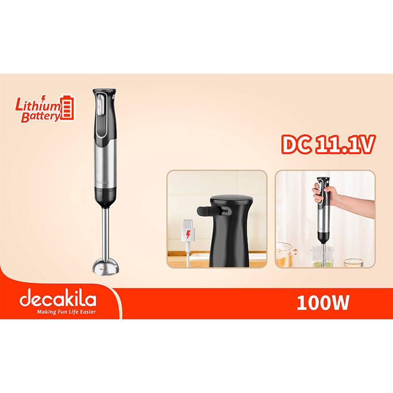 Decakila Hand Blender Cordless 100W LED Display 16V Battery Operated 2000mAh SUS Shaft Blend Rod 5-Speed Control KMJB023B