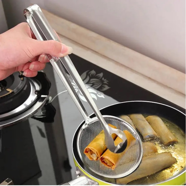 Multi-Functional Spoon Strainer 2in1 Fry Tool Filter with Clip Oil Frying BBQ Filter Stainless Steel Mesh Strainer