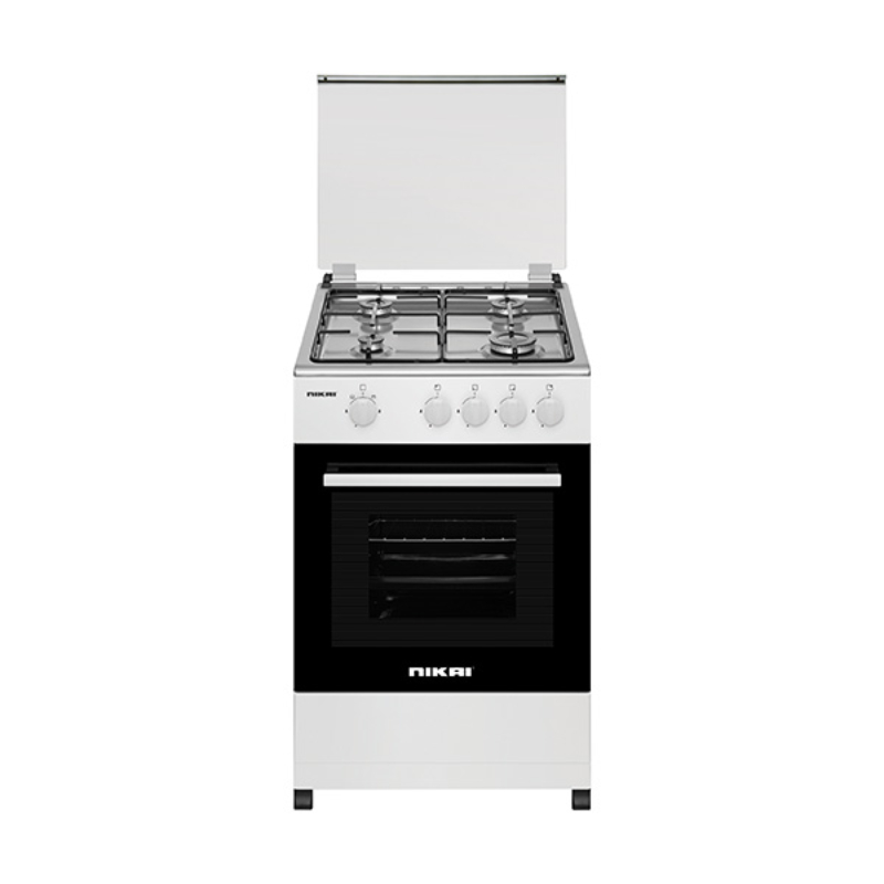 Nikai Cooker 50x50 Full Gas Oven Cooking Range 4 Gas Burner Glass Lid Pan Support Black Enamel 5 Knobs With 1 Tray + 1 Grid U2110N5
