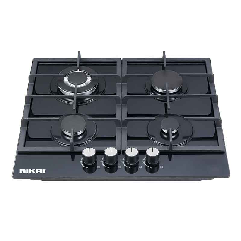 Nikai Gas Built In Hob Cast Iron Pan Support 4 Gas Burner with FFD Projector and Auto Ignition 58x50x12cm 8MM Tempered Glass NGH44G