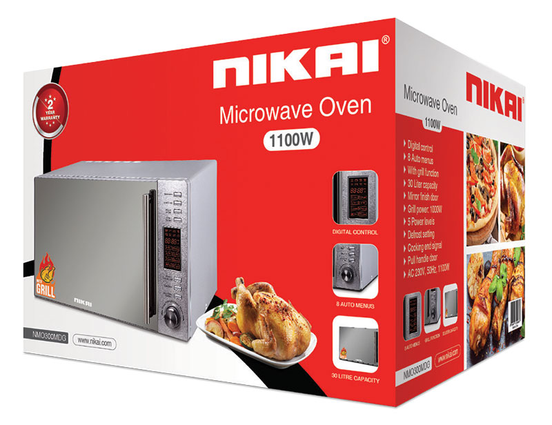 Nikai Microwave Oven 30L 1100W with Grill Digital Mirror Finish 10 Auto Cook Mode Child Lock DeFrost By Weight Kitchen Timer NMO300MDG