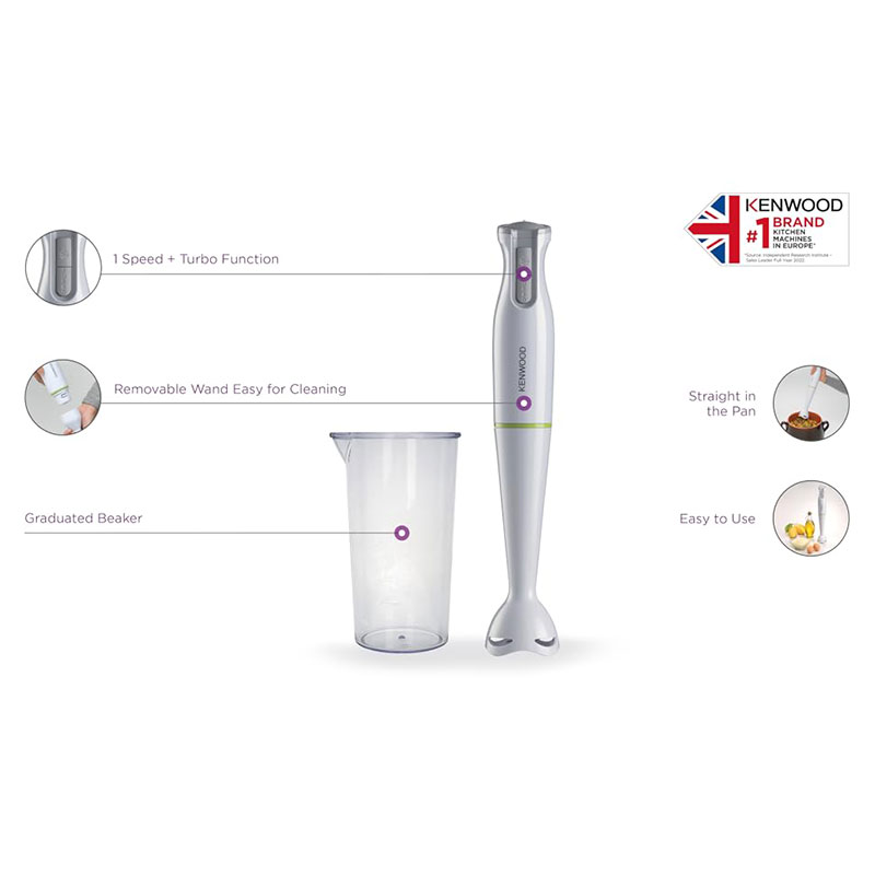 Kenwood Hand Blender 600W Stick Blender with Graduated Beaker Turbo Function Removable Wand for Easy Cleaning HBP02.001WH