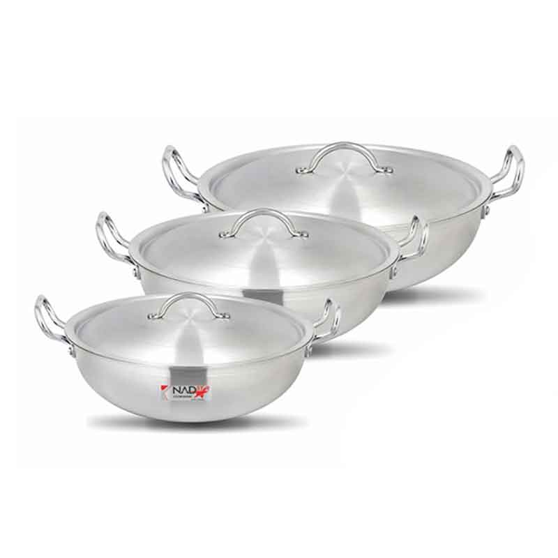 Nadstar Wok Karai Set 3Pcs Set With Lid & Handle Metal Finish Wok Jumbo Round WJ31/36