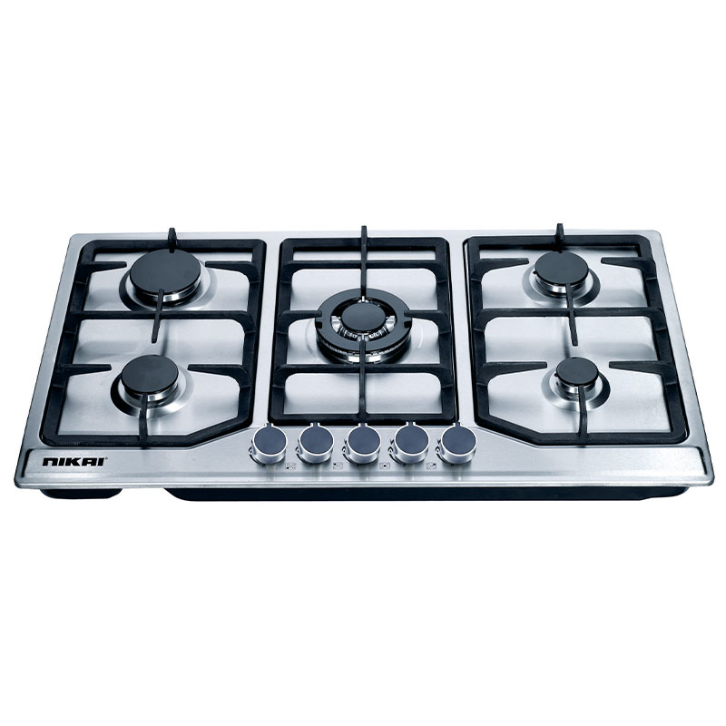 Nikai Gas Built In Hob 5 Burner Stainless Steel Cooktop With Full Safety Cast Iron Pan Support NGH5005N