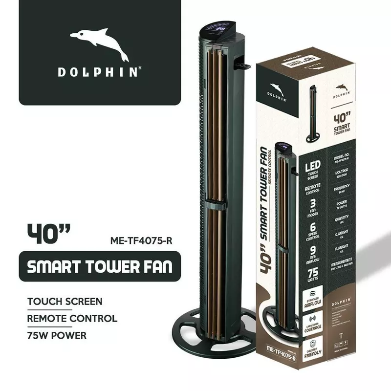 Dolphin Smart Tower Fan 40'' 75W LED Touch Screen Remote Control 3 Fan Modes ME-TF4075-R
