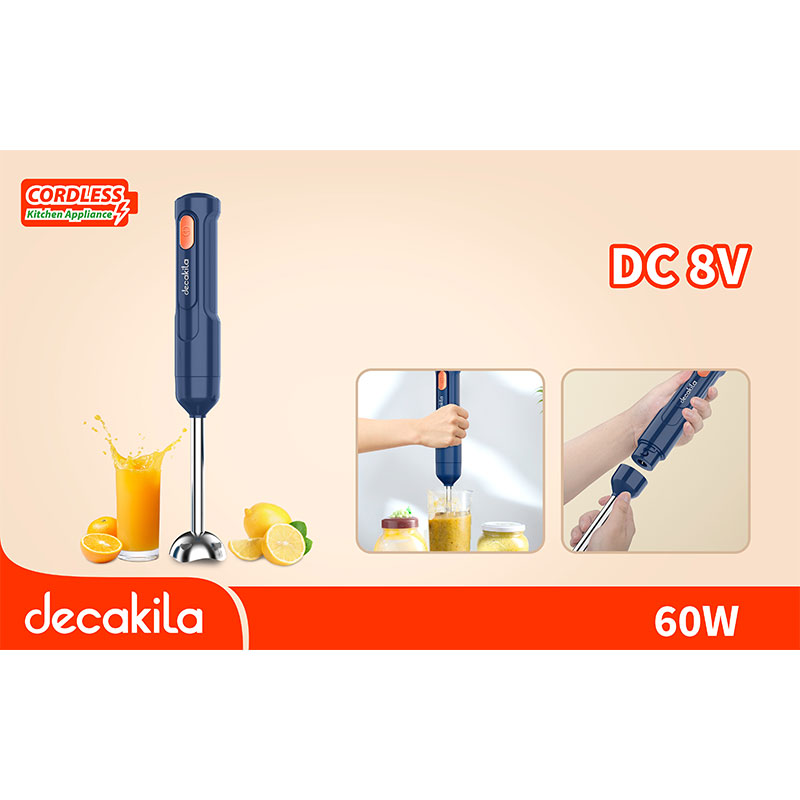 Decakila Hand Blender 60w Cordless 1500 mAh Lithium Battery 7.4v Rechargeable 2 Stainless Steel Blades Anti-Slip Feet Design KMJB037L