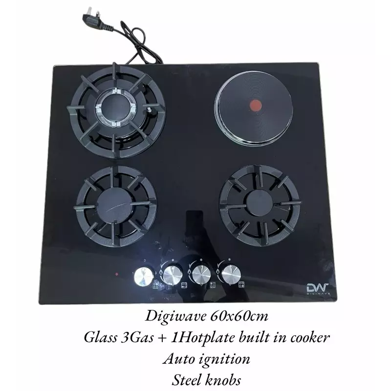 Digi Wave Hob 3 Gas And 1 Hotplate Burner with Auto Ignition 60x60x 8MM Tempered Glass DWGC 2001