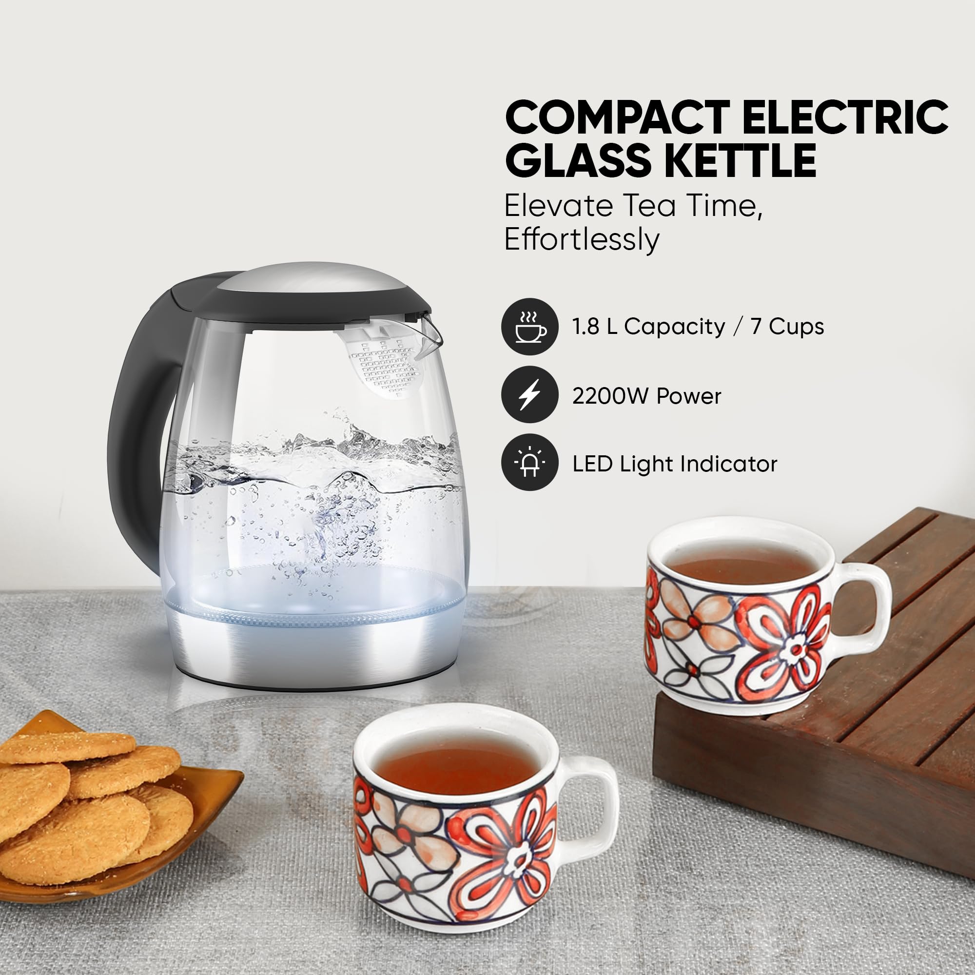 Nikai Kettle Glass Body 1.2L 2200w Compact Cordless Electric Glass Kettle Boiler Automatic Shut Off Boil Dry Protection LED Indicator Integrated Filter 360° Rotating Base NK303G
