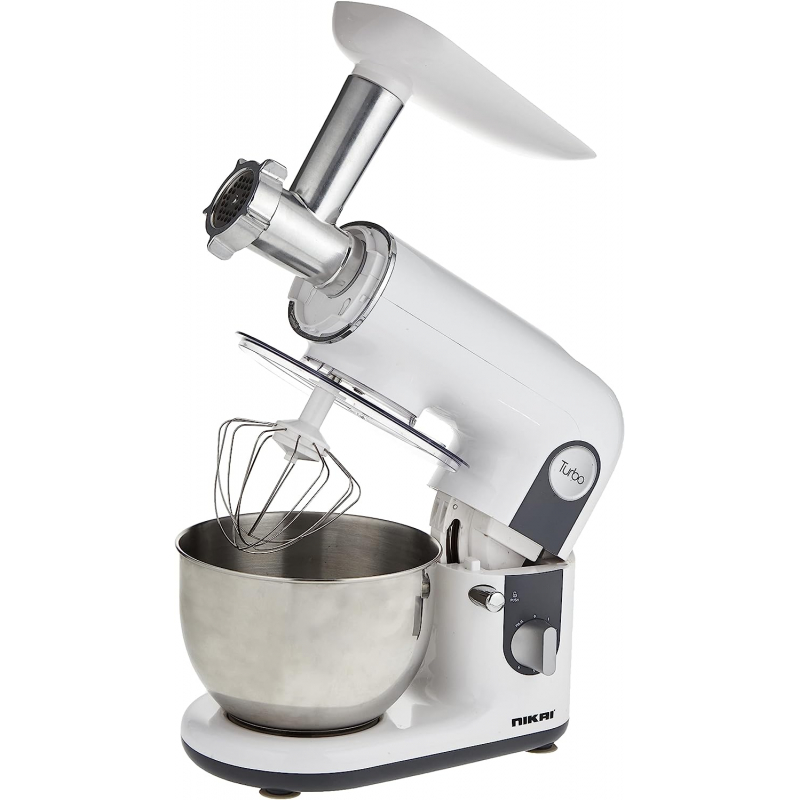 Nikai Kitchen Machine 800W 4L Bowl Metal Heavy Duty Meat Grinder Splash-Proof Lid Die Cast Aluminium Hooks Dual Speeds and Stainless-Steel Whisk NFP444A