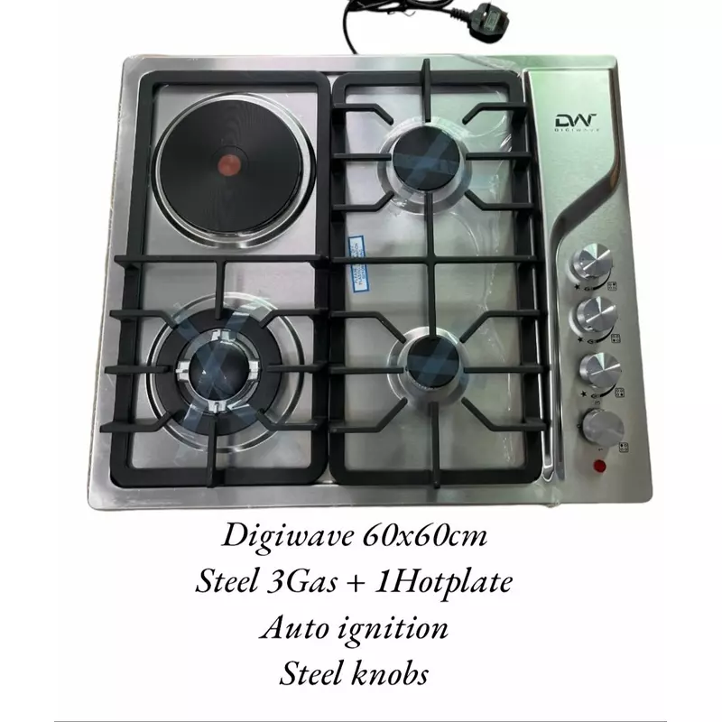 Digi Wave Hob 3 Gas Burner with1 Hot Plate Auto Ignition 60x60x 8MM Steel Body DWGC 2003