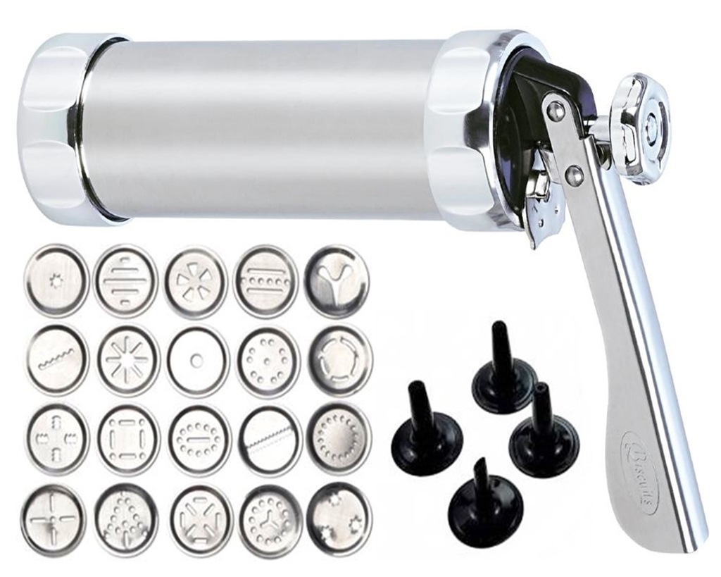 Cookie Press with Nozzles & Decorating Plates 20 Different Types of Jalies Murukku Maker/Bhujiya Maker/Cookies/Namkeen/Noodles/Chakali Maker/Sev Maker/Farsan Maker/Gathiya Maker