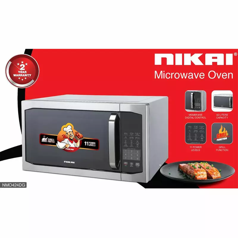 Nikai Microwave Oven 42L 1100W 11 Microwave Power Levels 7 Auto Menu with Defrost & Grill Function Membrane Digital Control Memory Function NMO424DG