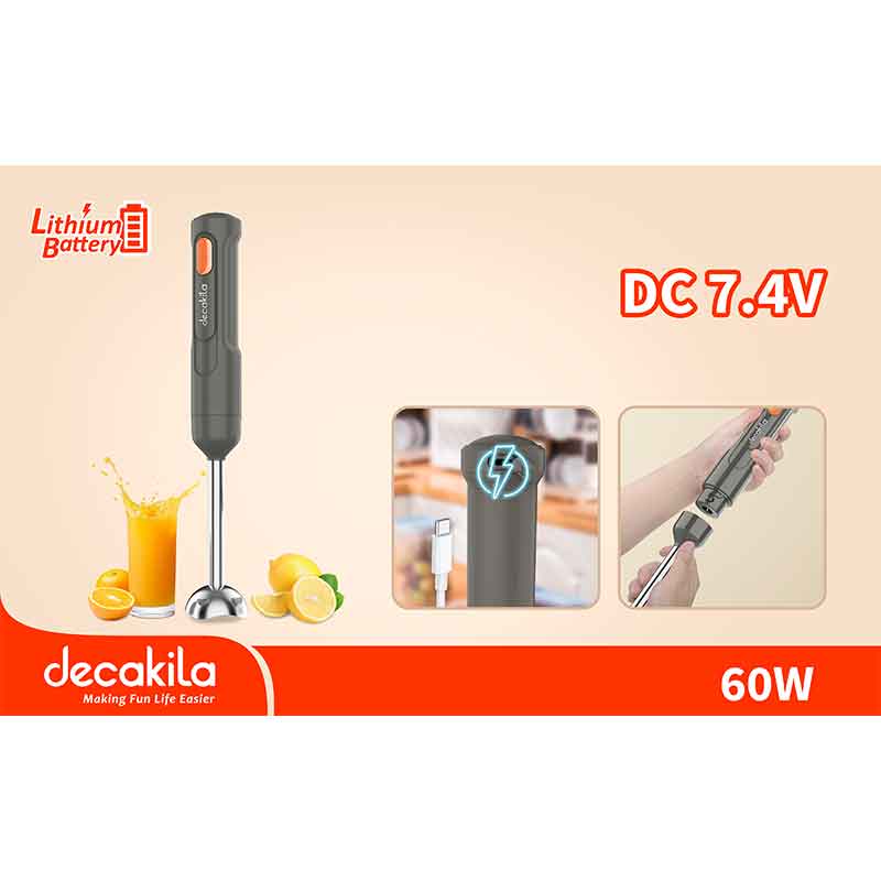 Decakila Hand Blender 60w Cordless 1500 mAh Lithium Battery 7.4v Rechargeable Stainless Steel Blades Anti-Slip Feet Design KMJB037G