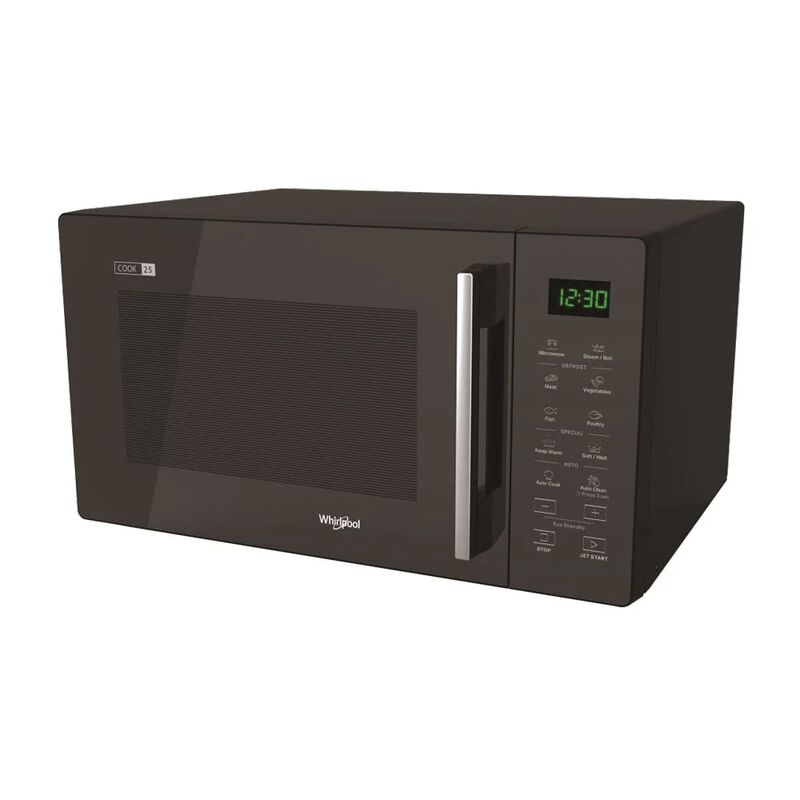 whirlpool Microwave Magic cook Pro Solo 25L LED Digital Microwave With Push Button Door Grill Function 60-Mins Timer 5-Microwave Power Levels & Defrost Function 900W - Black - (MWP-25GE)
