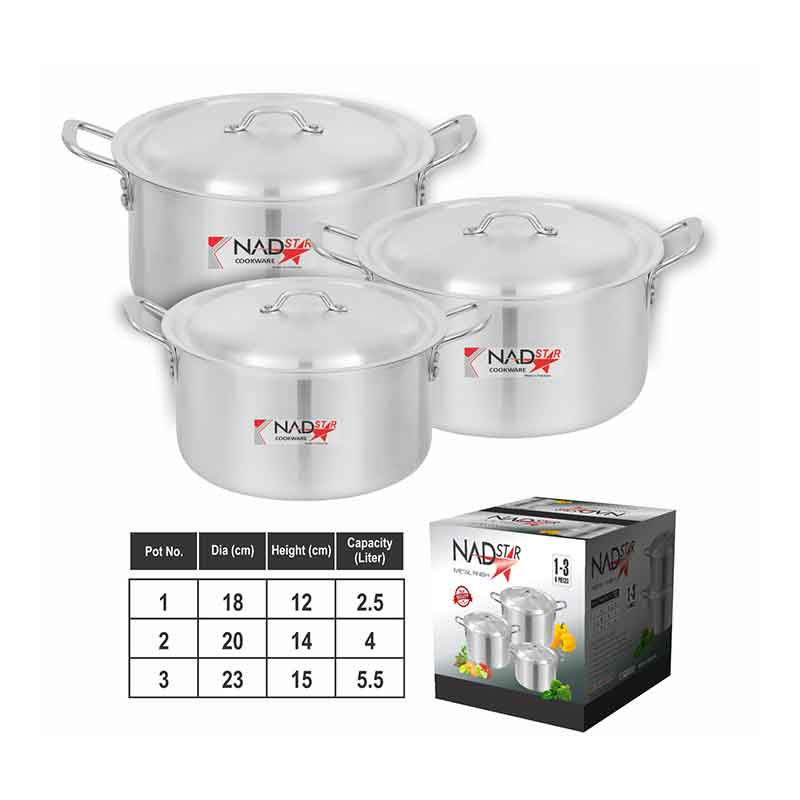 Nadstar Cookware Set 3Pcs Set With Lid & Handle Metal Finish Sufuria 2.5L 4L 5L 1x3