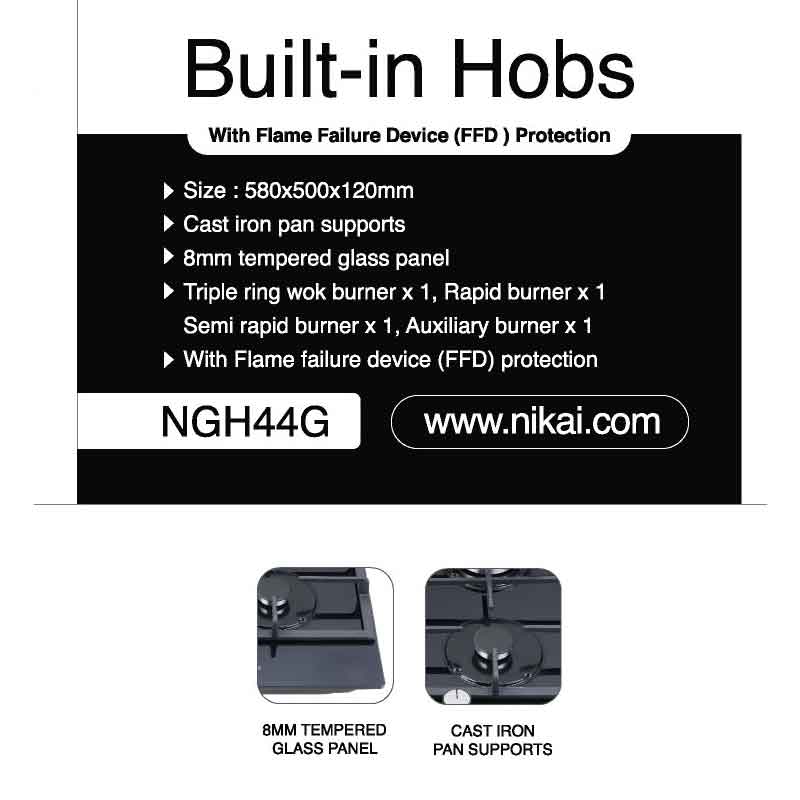 Nikai Gas Built In Hob Cast Iron Pan Support 4 Gas Burner with FFD Projector and Auto Ignition 58x50x12cm 8MM Tempered Glass NGH44G