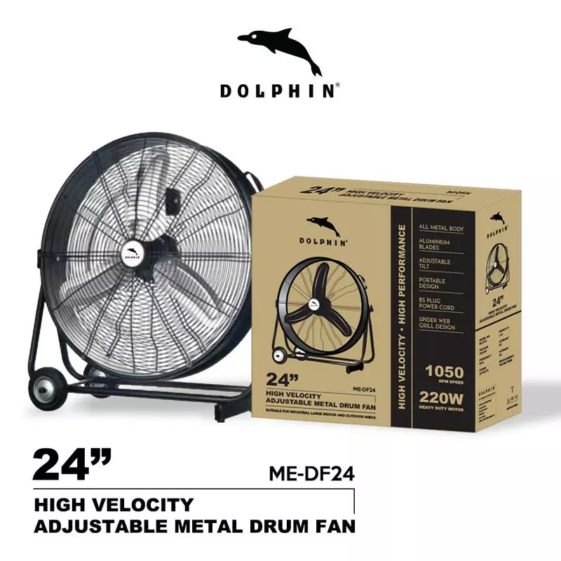 Dolphin Metal Drum Fan 24'' 220W 1050RPM High Velocity High Performance ME-DF24