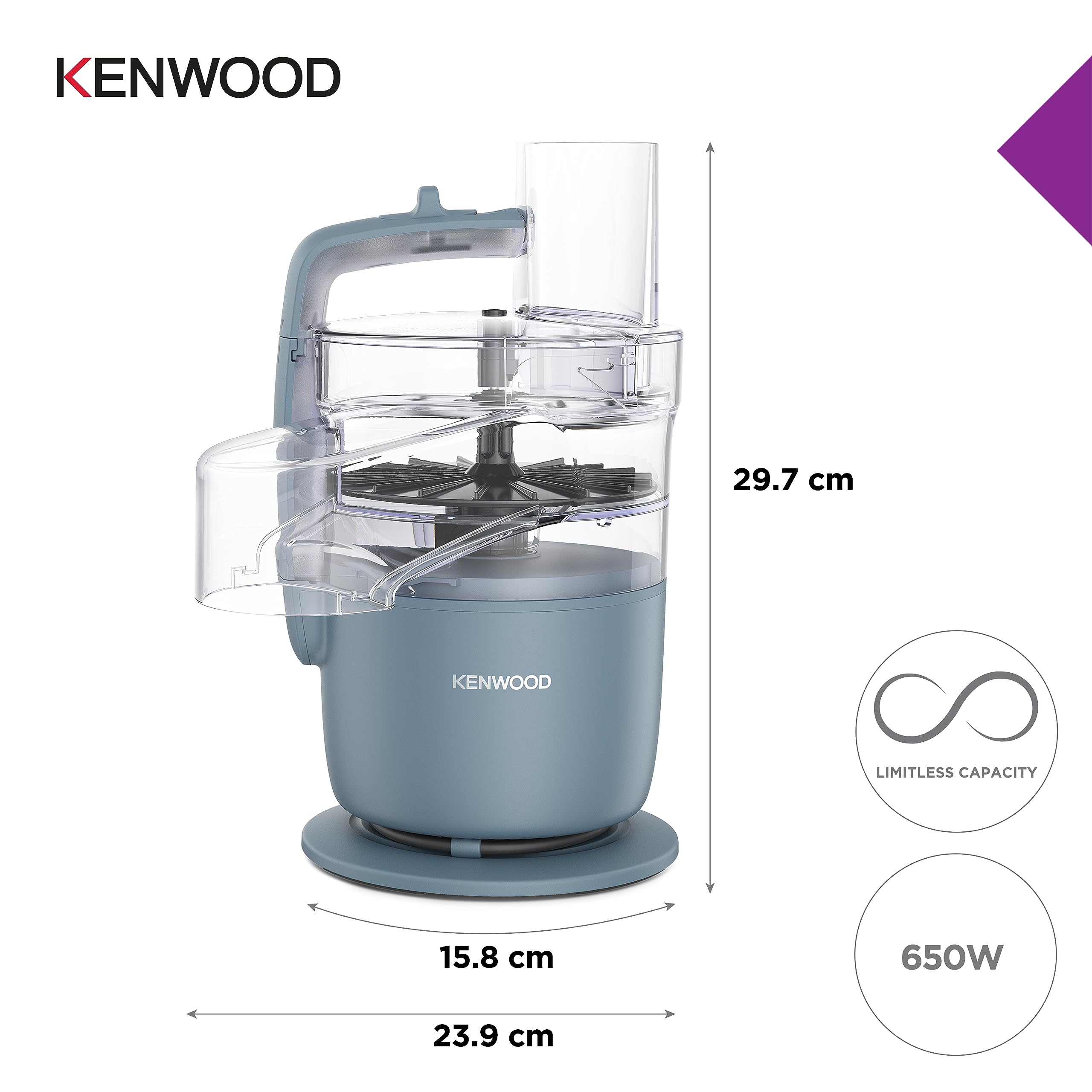 Kenwood Food Processor 650W MultiPro Go Chopping Slicing Grating Pureeing and Kneading Dough with Express Serve 1.3L Bowl Knife blade 4mm Slicing/Grating Disk FDP22.130GY