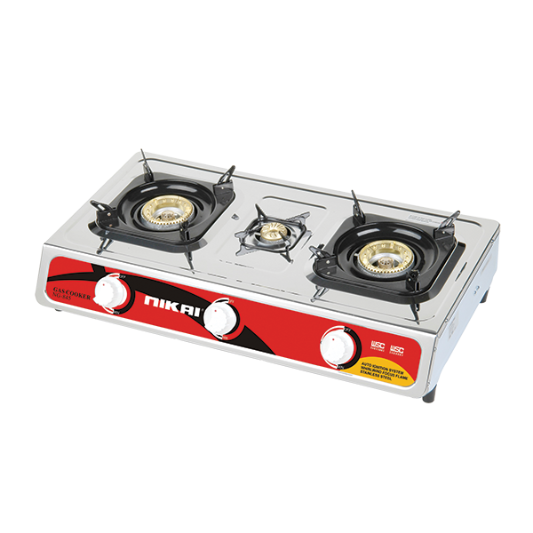 Nikai Gas Cooker 3 Burner Stainless Steel Gas Burner with Auto Ignition System Blue Flame with High Efficiency Stainless Steel Body Full Safety Features NG845