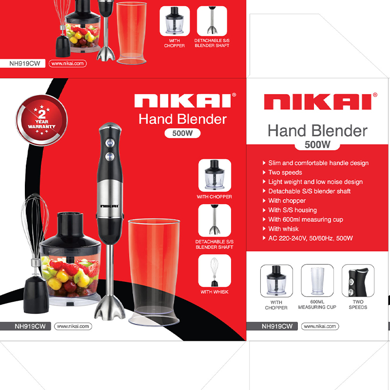 Nikai Hand Blender 500W 4 in 1 w/ Whisk & Chopper 600ML Measuring Cup SS Housing NH919CW