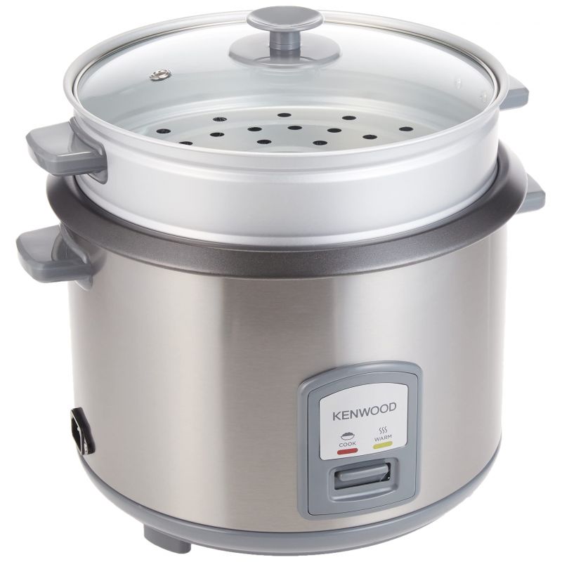 Kenwood 2-in-1 Rice Cooker 2.8L 16-Cups Rice with Food Steamer Basket Non-Stick Cooking Pot Temepered Glass Lid Warm/Cook Lights Spatula Holder Detachable Cord RCM71.000SS